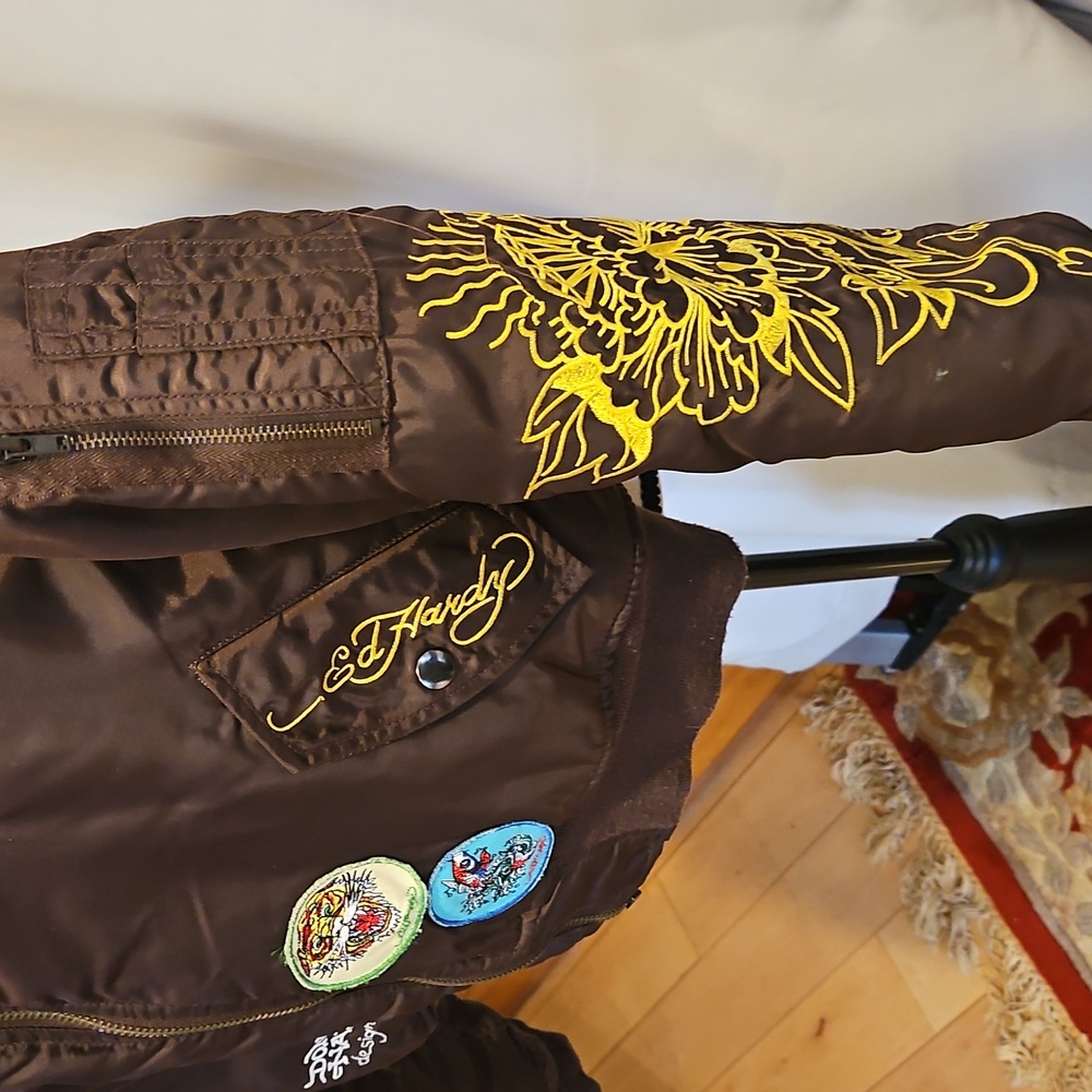 Rare Y2K Ed Hardy 2000s Zip Up Reversible Bomber Brown and Pink Jacket - Picture 3 of 11